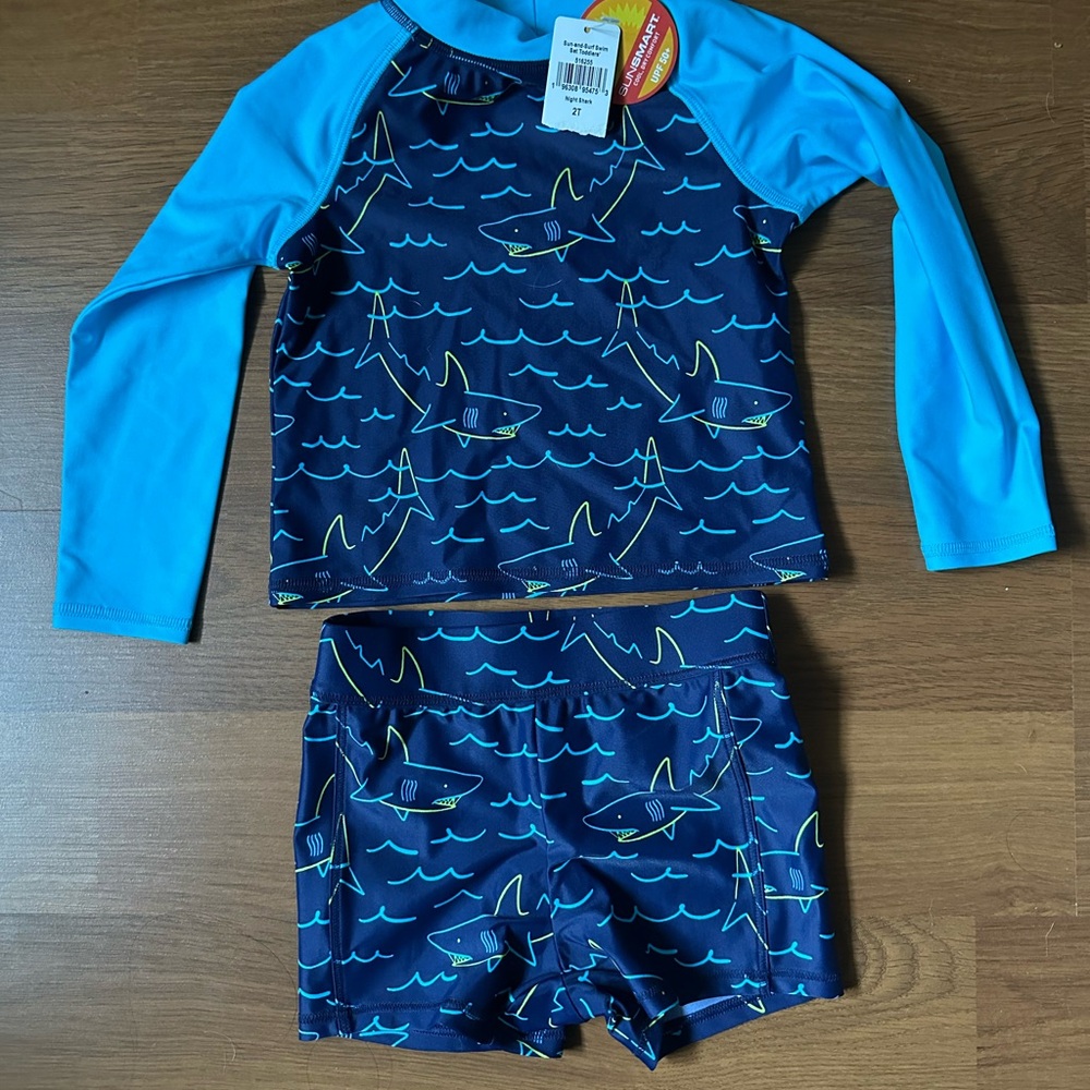 L.L. Bean Kids Shark Print Rashguard Set - Navy and Light Blue
